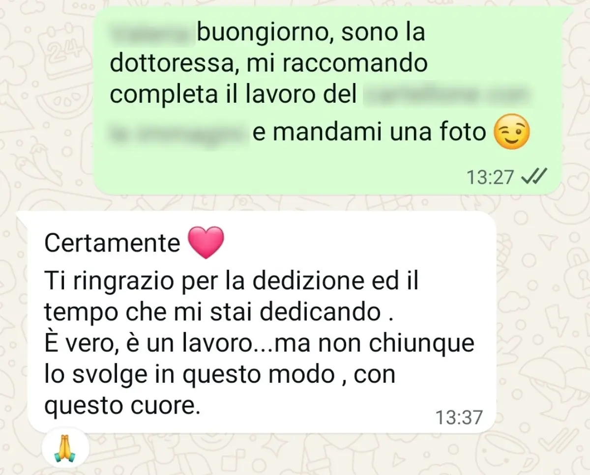 Testimonianza di una cliente che ringrazia la psicologa per la dedizione e l’impegno autentico, riconoscendo la professionalità svolta con passione e cuore nel percorso terapeutico.