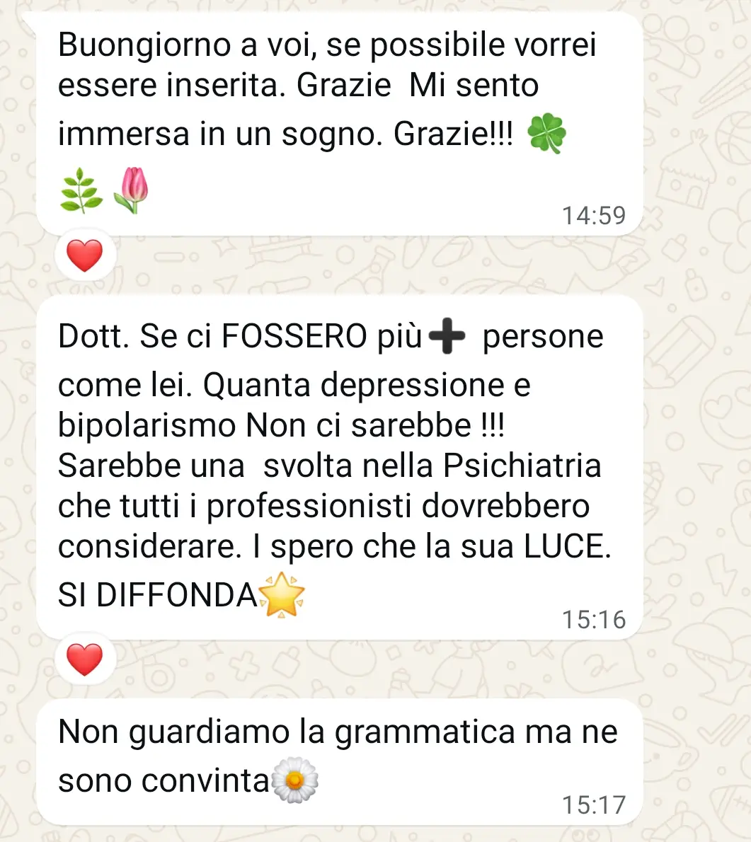 Testimonianza reale di una donna che elogia la Dott.ssa Simona Prosperi e il suo metodo per ansia e depressione, auspicando che la psicologia adotti il metodo Prosperi per diffondere benessere emotivo.